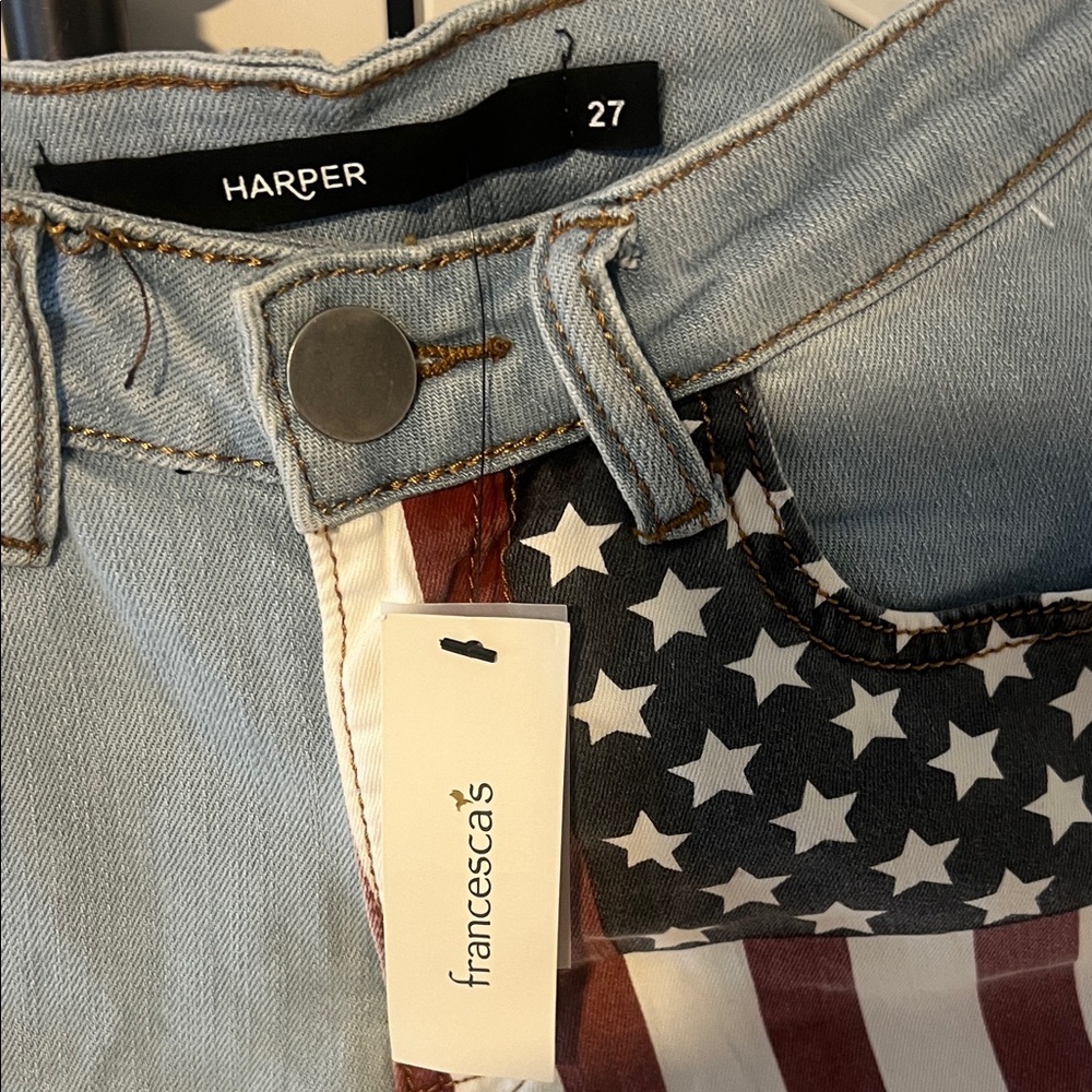 Francesca's Collections Blue Jean Shorts with Star and Stripe Design - Picture 2 of 3